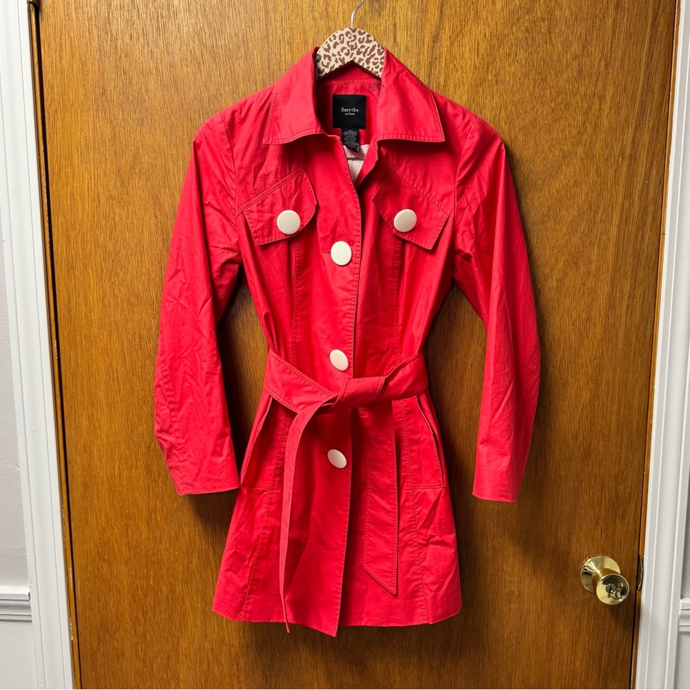 Smythe Belted Long Sleeve Collared Trenchcoat Trench Jacket Red White Button 6 - Picture 15 of 15